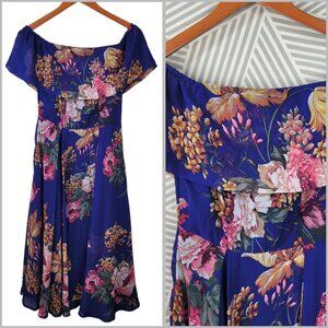 Asos Party Dress size 4 Layered Chiffon Long Midi Blue Off Shoulder Flare Party